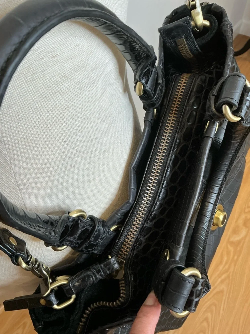 Rafe New York Black Croc-Embossed Leather Tote with Gold Hardware